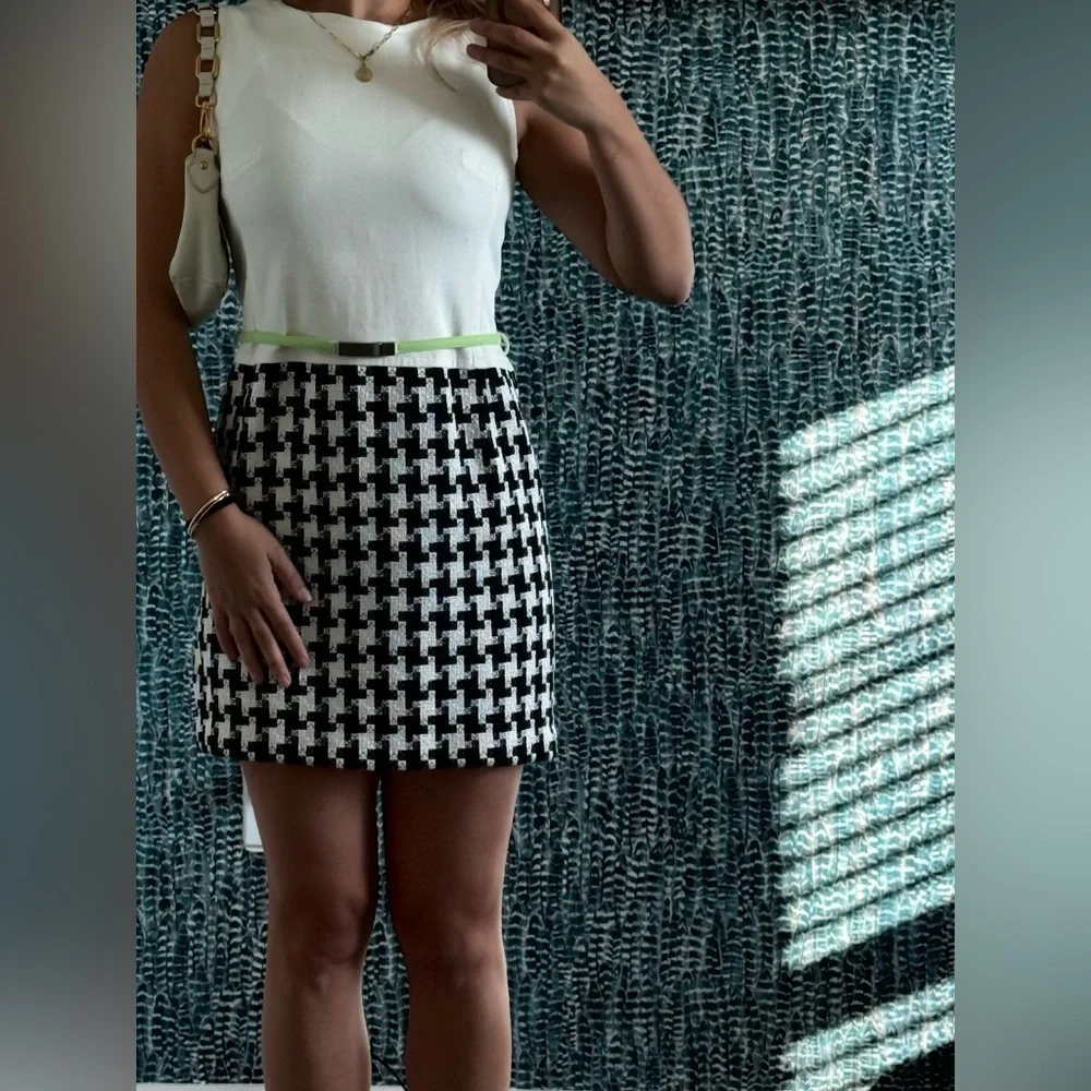 RARE Vintage Louis Feraud Black and White Mini Dress with Green Belt